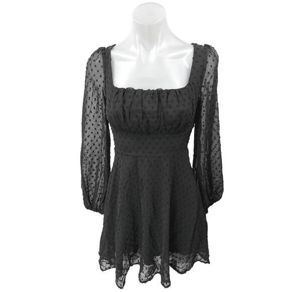 NEW WDIRARA Black Swiss Dot Puff Long Sleeve Mini Fit & Flare A-Line Dress XXS - Picture 1 of 5